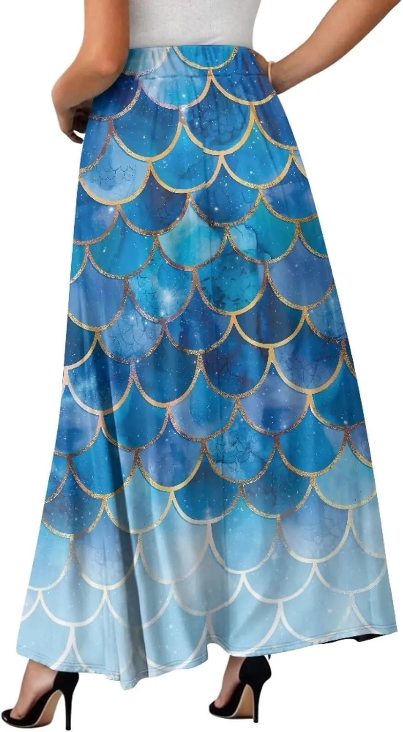 Ladies Elastic Waist Swing Skirts with Pockets Midi Length Skirts Ruffle Hem Long Skirts with Elasticized Waistband