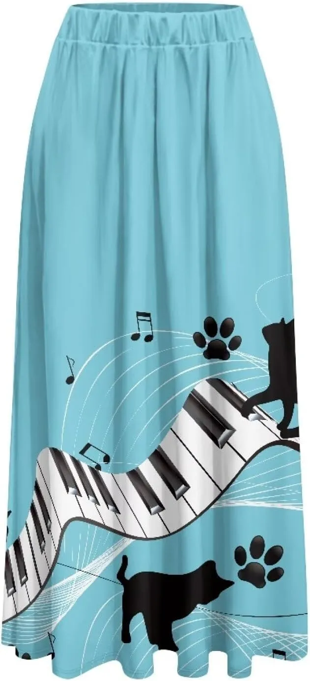 Ladies Elastic Waist Swing Skirts with Pockets Midi Length Skirts Ruffle Hem Long Skirts with Elasticized Waistband