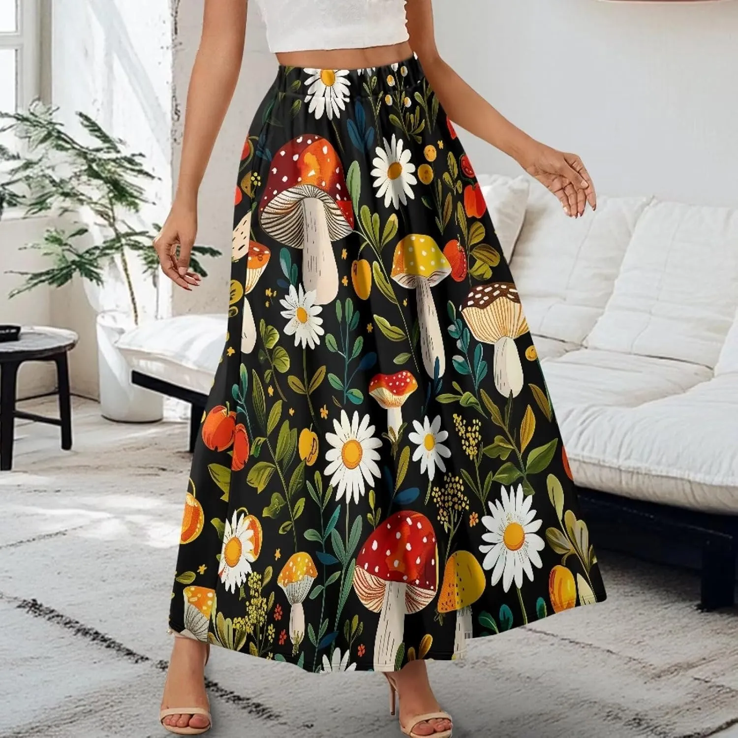Ladies Elastic Waist Swing Skirts with Pockets Midi Length Skirts Ruffle Hem Long Skirts with Elasticized Waistband