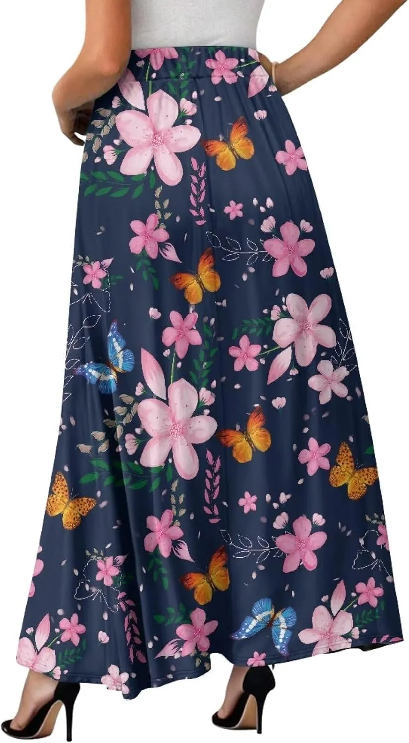 Ladies Elastic Waist Swing Skirts with Pockets Midi Length Skirts Ruffle Hem Long Skirts with Elasticized Waistband