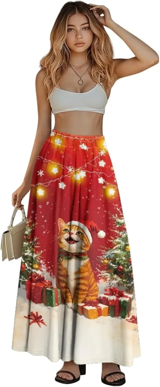 Ladies Elastic Waist Swing Skirts with Pockets Midi Length Skirts Ruffle Hem Long Skirts with Elasticized Waistband