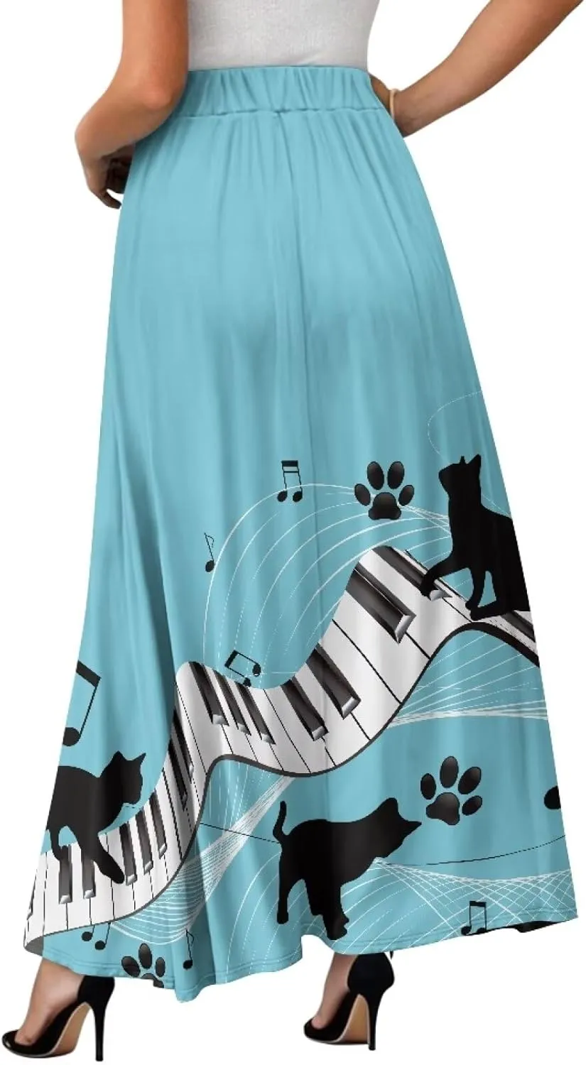 Ladies Elastic Waist Swing Skirts with Pockets Midi Length Skirts Ruffle Hem Long Skirts with Elasticized Waistband