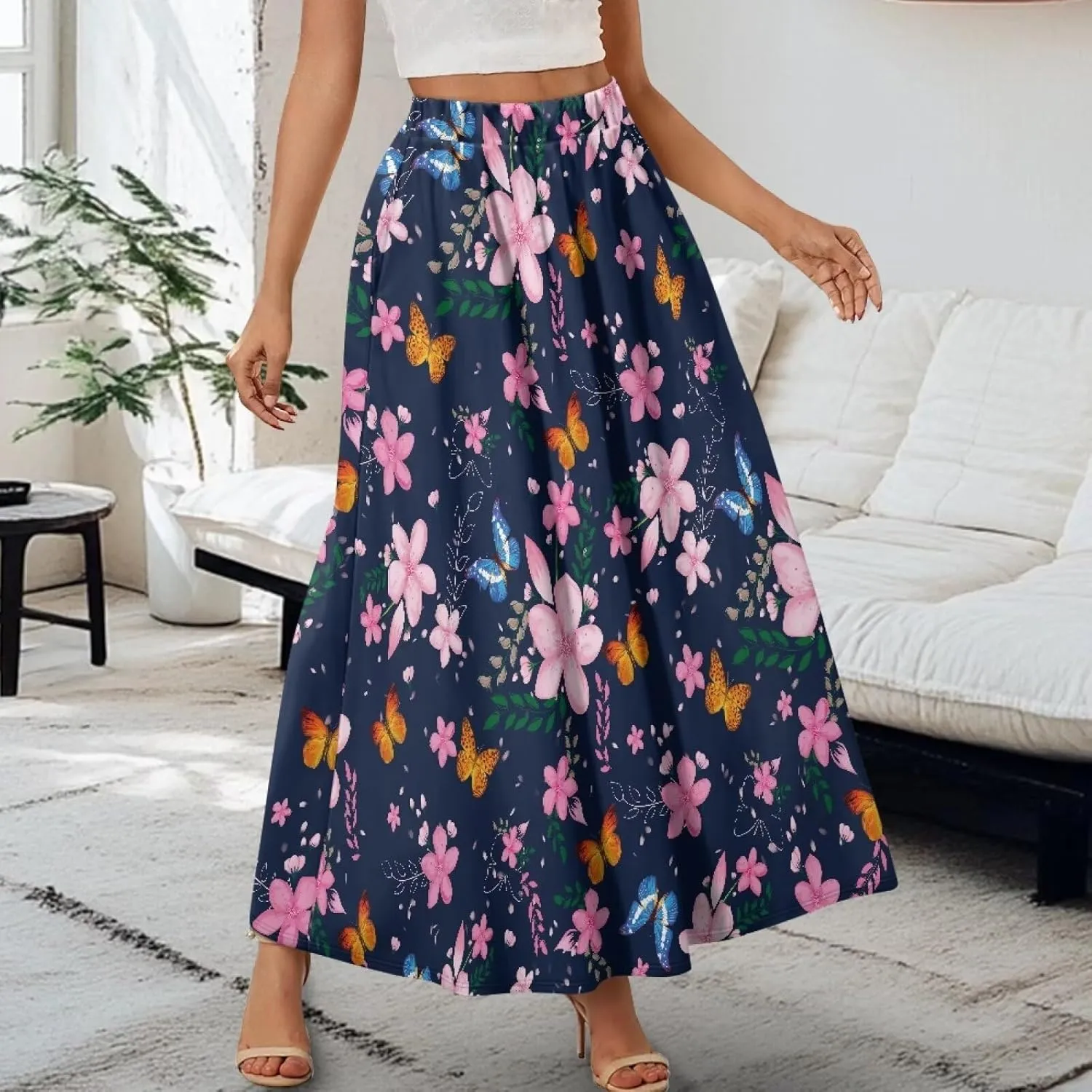 Ladies Elastic Waist Swing Skirts with Pockets Midi Length Skirts Ruffle Hem Long Skirts with Elasticized Waistband