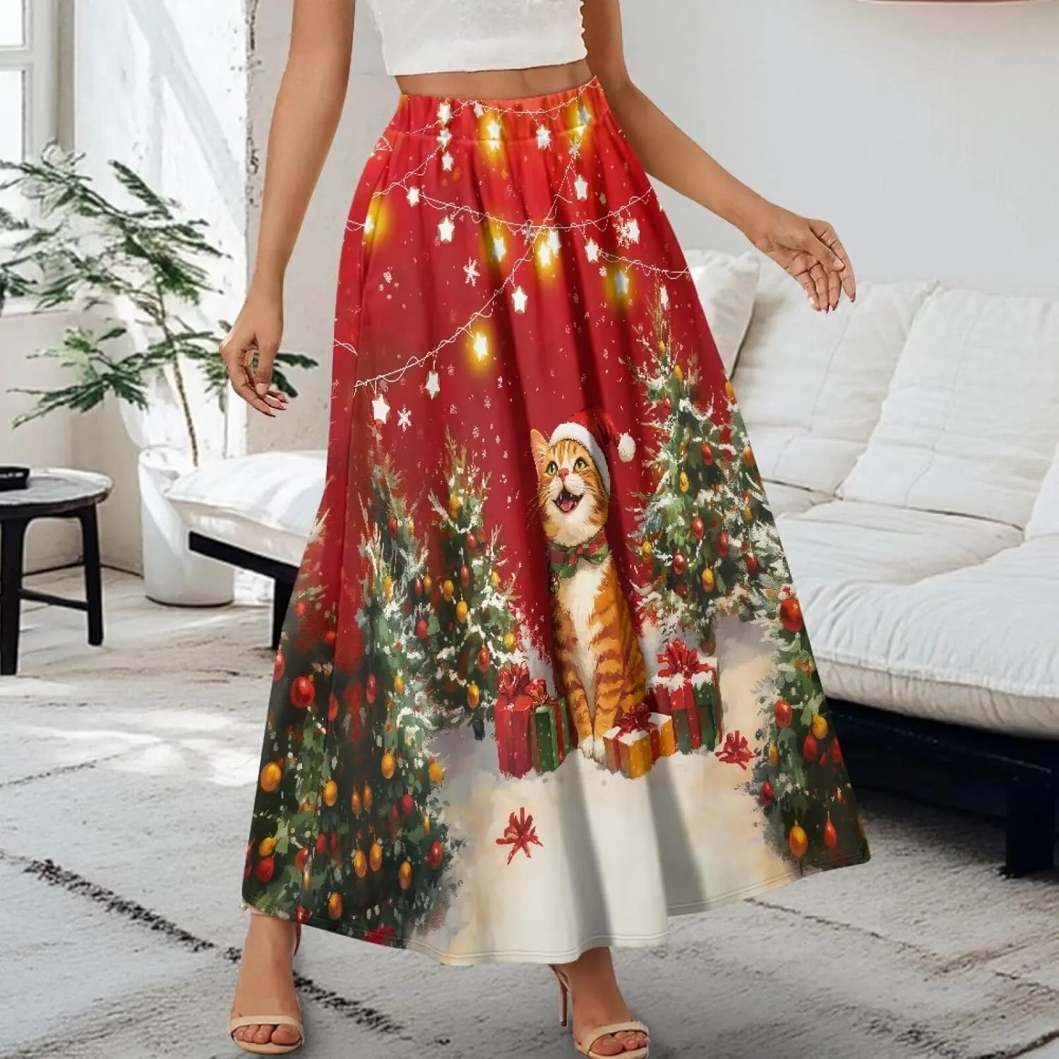 Ladies Elastic Waist Swing Skirts with Pockets Midi Length Skirts Ruffle Hem Long Skirts with Elasticized Waistband