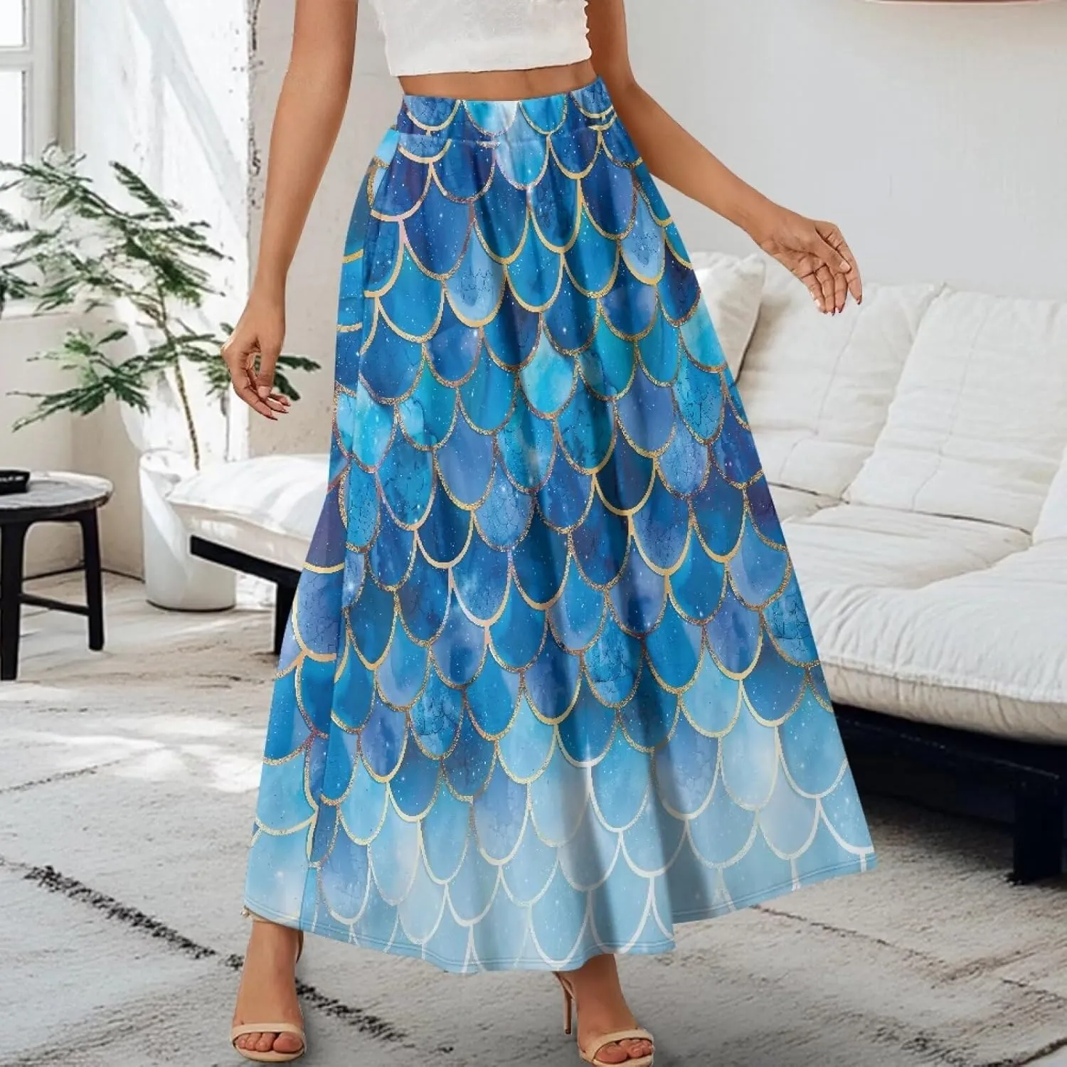 Ladies Elastic Waist Swing Skirts with Pockets Midi Length Skirts Ruffle Hem Long Skirts with Elasticized Waistband