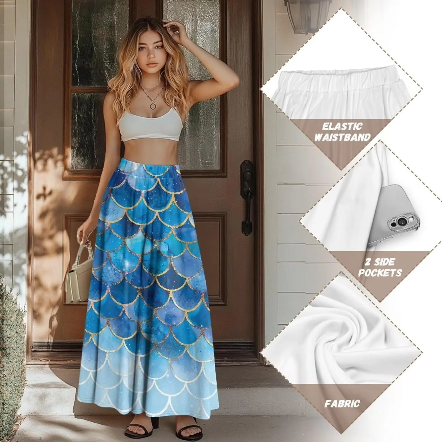 Ladies Elastic Waist Swing Skirts with Pockets Midi Length Skirts Ruffle Hem Long Skirts with Elasticized Waistband