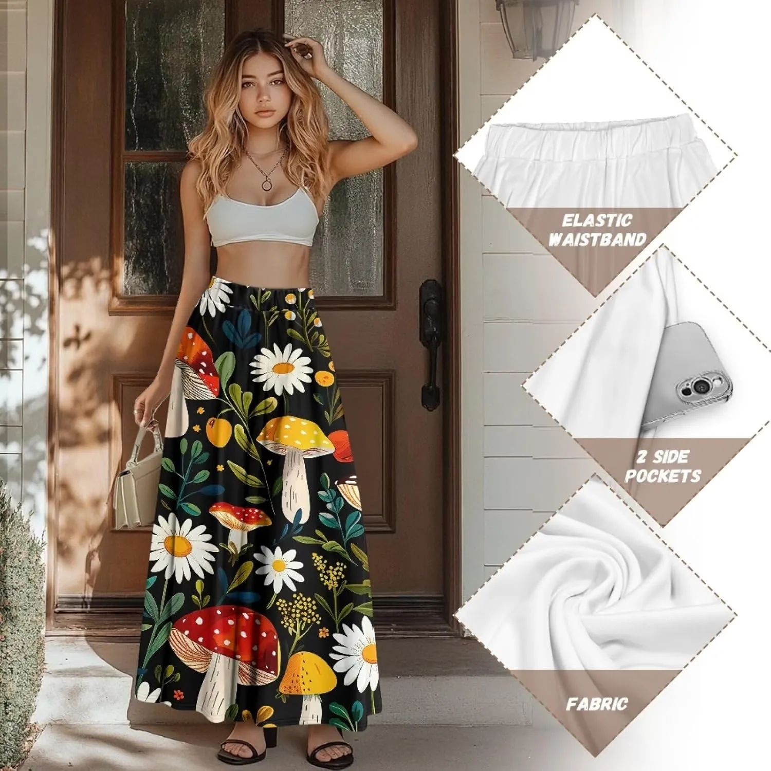 Ladies Elastic Waist Swing Skirts with Pockets Midi Length Skirts Ruffle Hem Long Skirts with Elasticized Waistband