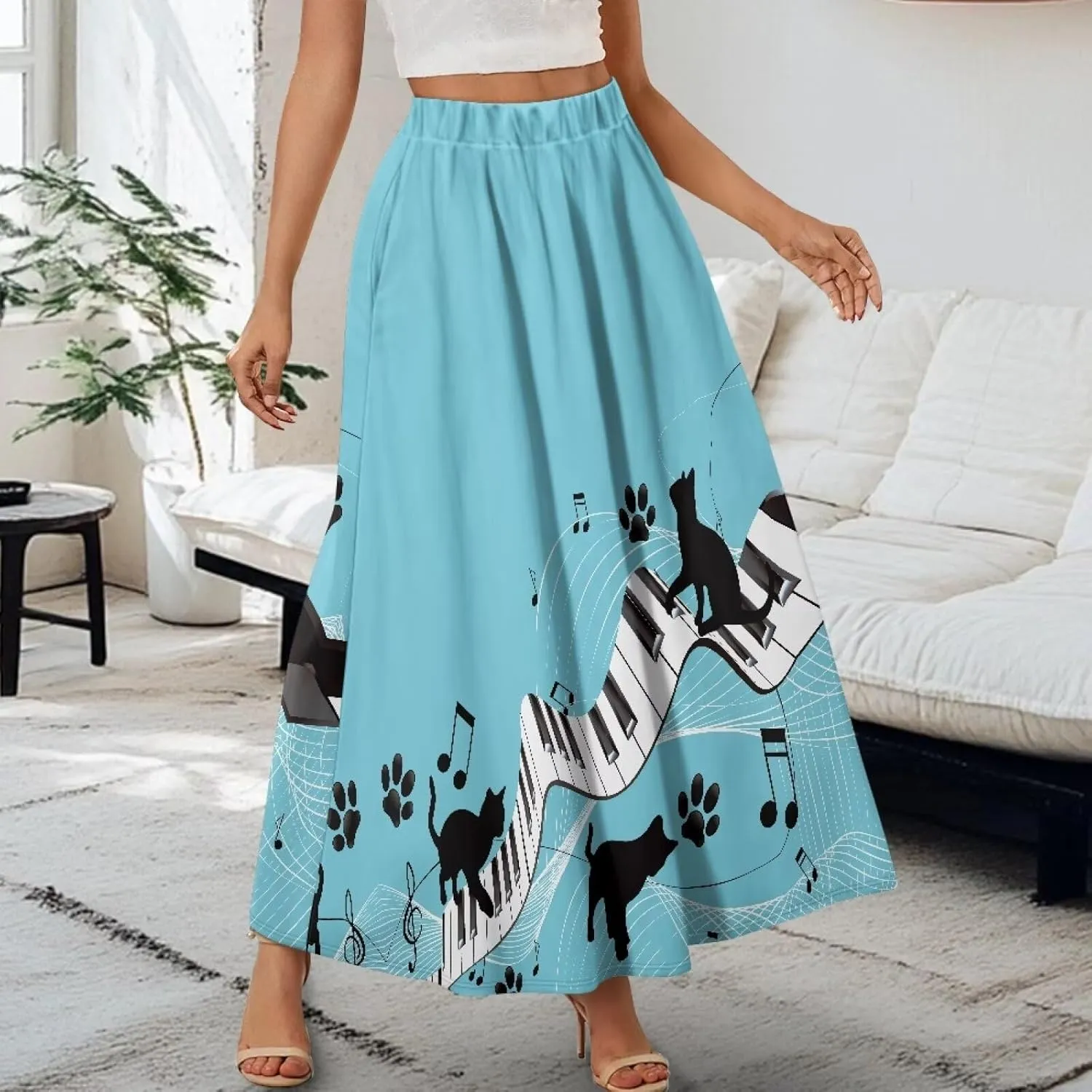 Ladies Elastic Waist Swing Skirts with Pockets Midi Length Skirts Ruffle Hem Long Skirts with Elasticized Waistband
