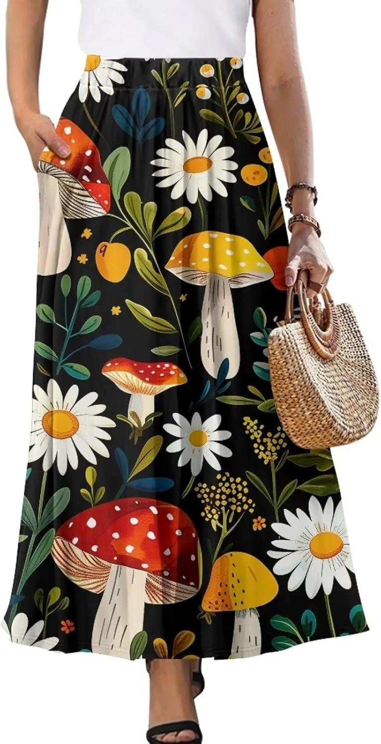 Ladies Elastic Waist Swing Skirts with Pockets Midi Length Skirts Ruffle Hem Long Skirts with Elasticized Waistband