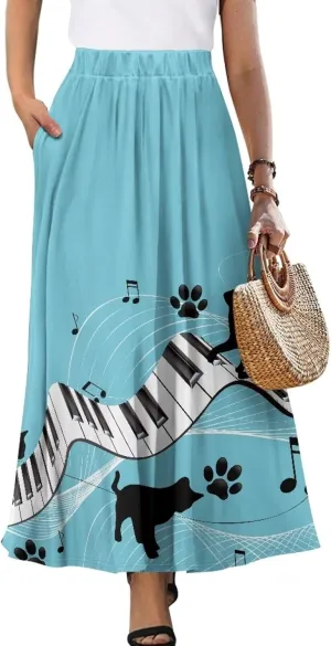 Ladies Elastic Waist Swing Skirts with Pockets Midi Length Skirts Ruffle Hem Long Skirts with Elasticized Waistband