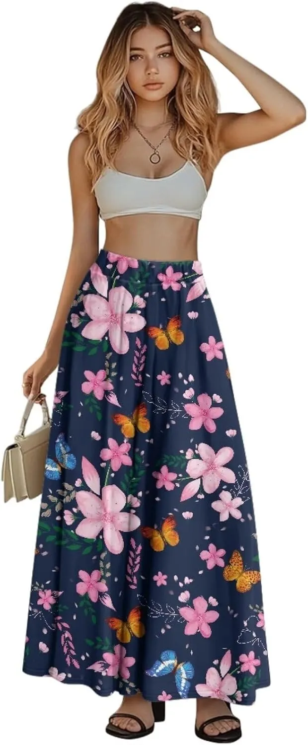 Ladies Elastic Waist Swing Skirts with Pockets Midi Length Skirts Ruffle Hem Long Skirts with Elasticized Waistband