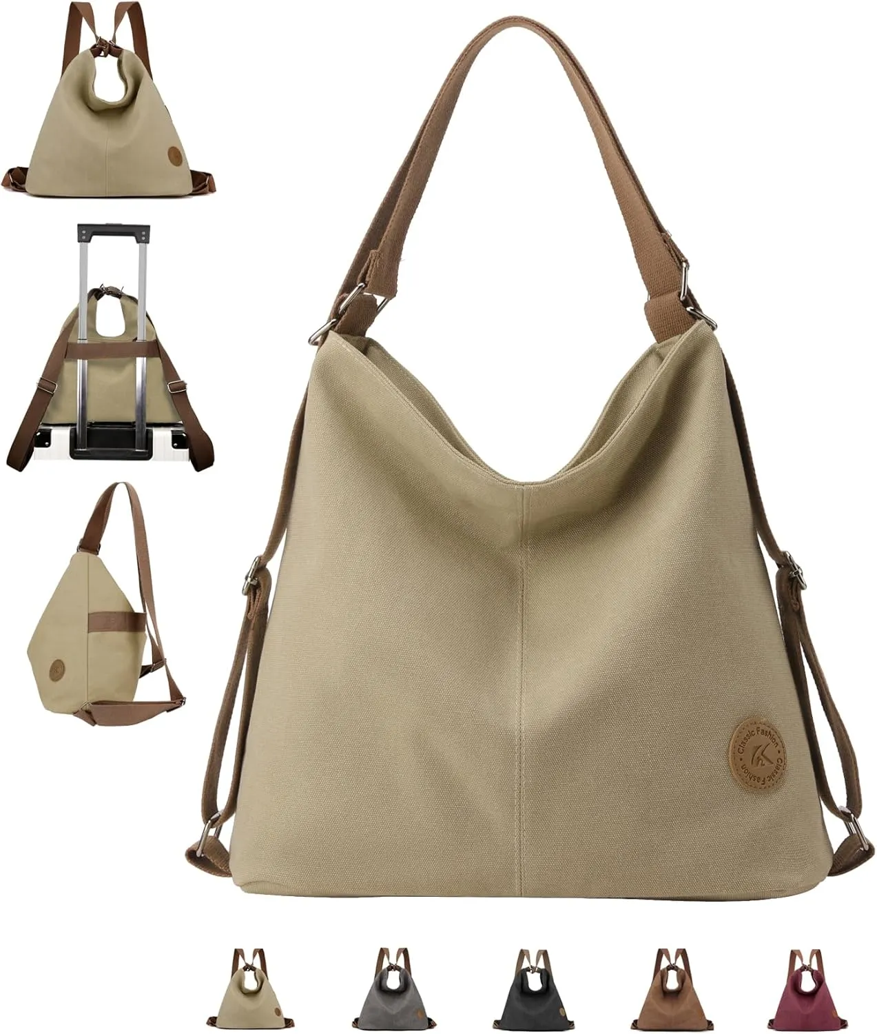 Large Tote Bag Convertible Backpack Purse for Women with Zipper Pockets, Canvas Crossbody Shoulder Hobo Bag 4-in-1