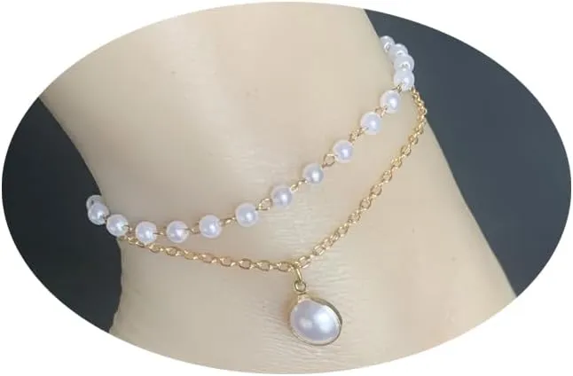 Layered Pearl Ankle Bracelet for Women 14K Gold White Pearl Foot Chain Boho Vintage Pearl Dangle Chain Anklet Bracelet Dainty Layered Charm Anklet 2Pcs Set Foot Jewelry Gift for Women