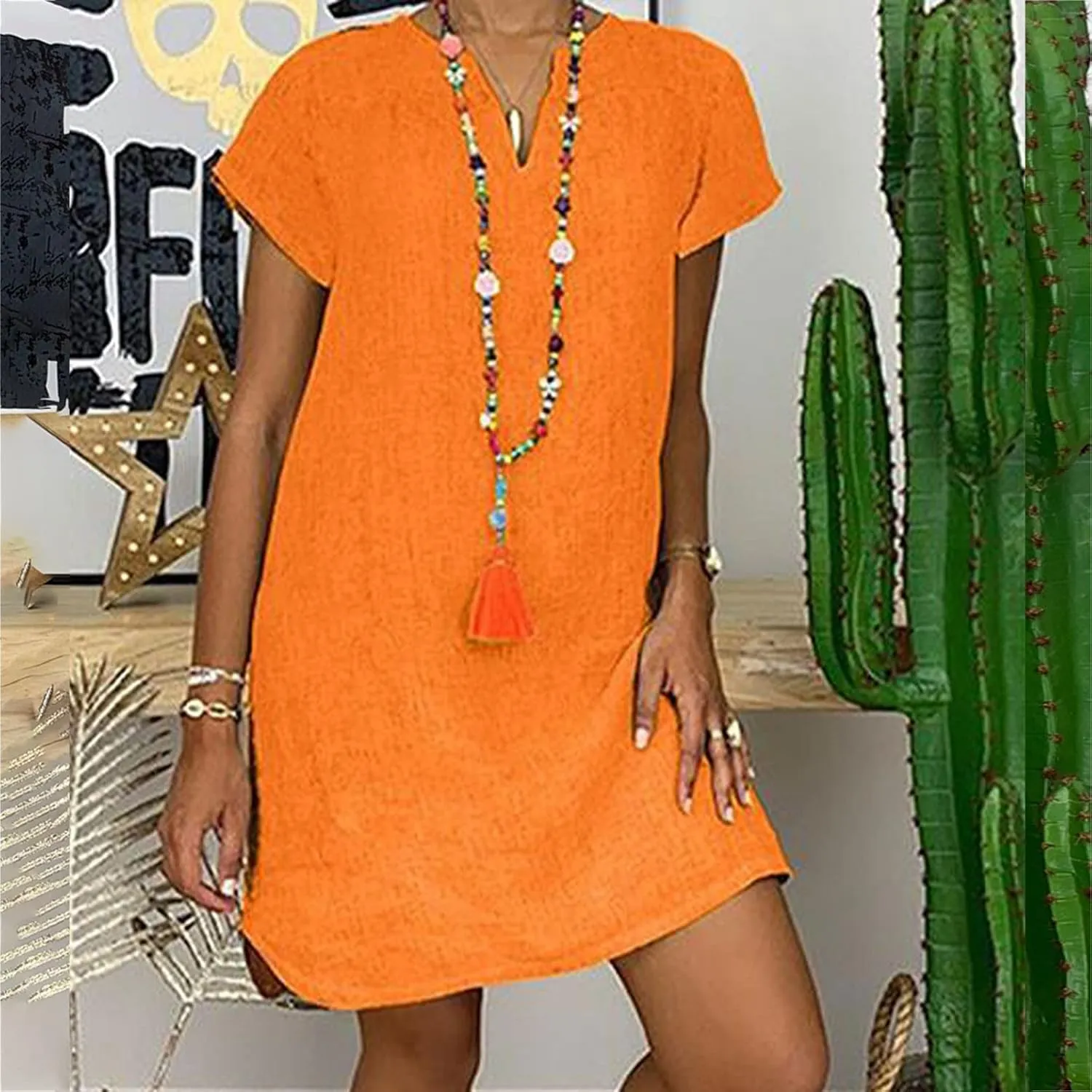 Linen Dress for Women Summer Dresses V Neck Cap Sleeve Sundress Beach Vacation Soft Plus Size Casual Mini Dress 2024