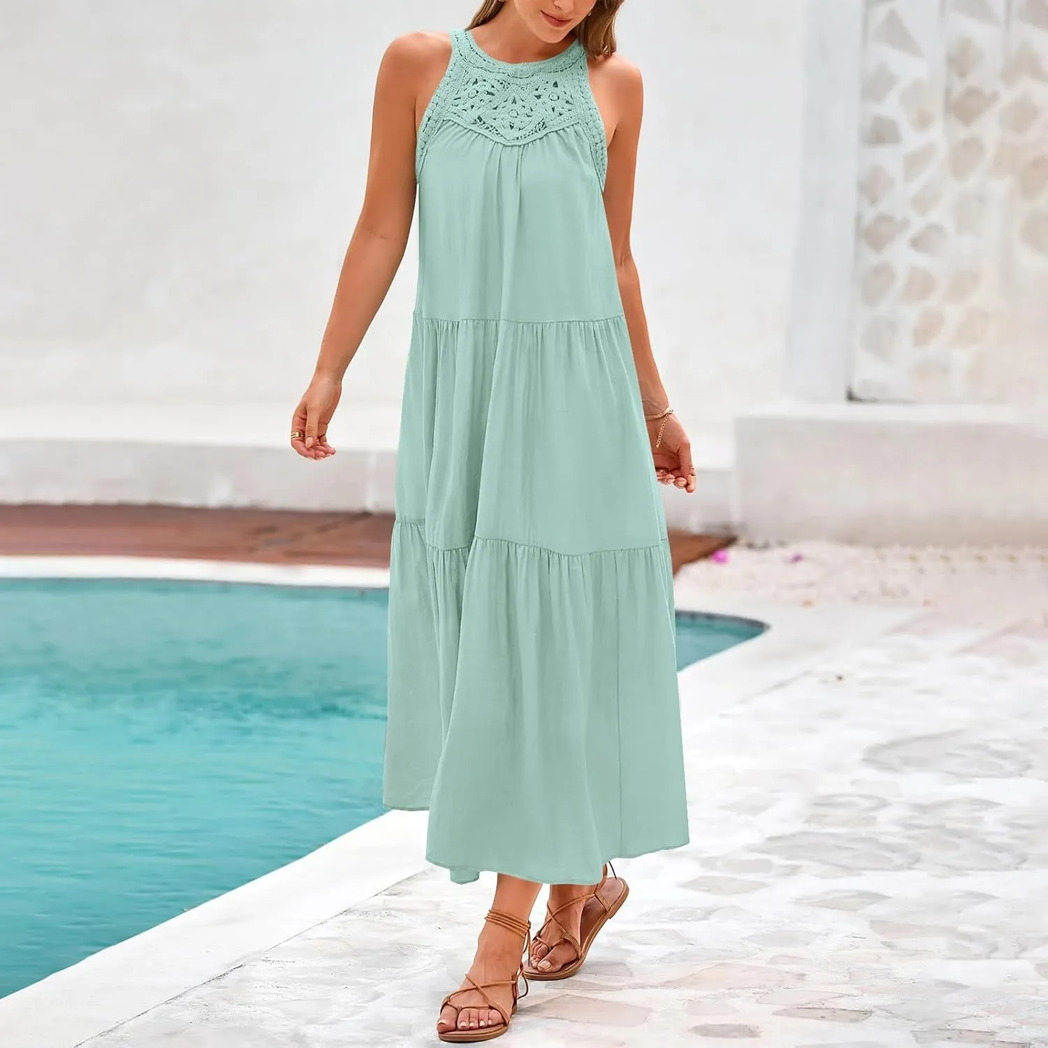 Linen Dress Women Summer Sleeveless Long Maxi Dresses Floral Lace Crochet Cute Sundresses Flowy Boho Beach Outfits