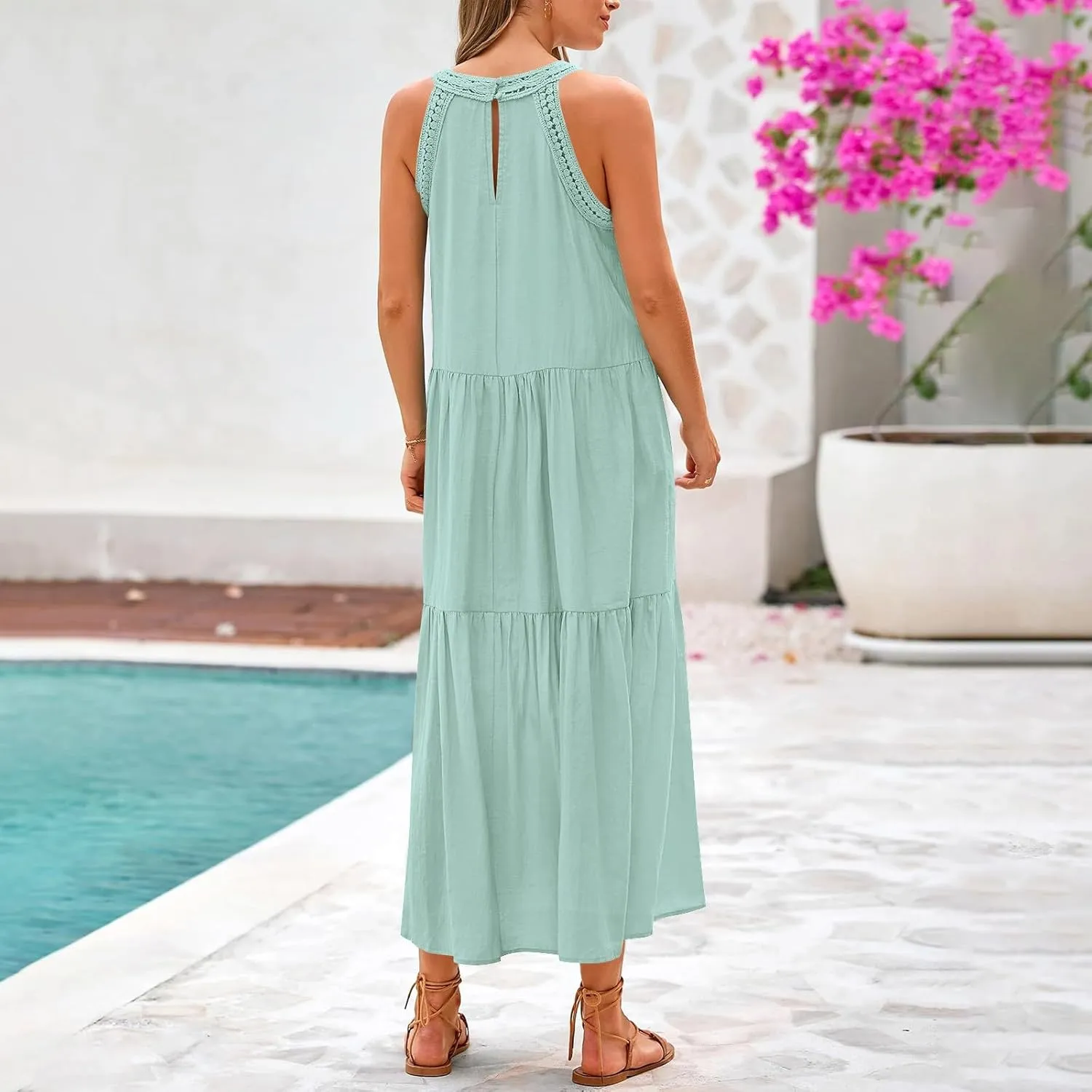 Linen Dress Women Summer Sleeveless Long Maxi Dresses Floral Lace Crochet Cute Sundresses Flowy Boho Beach Outfits
