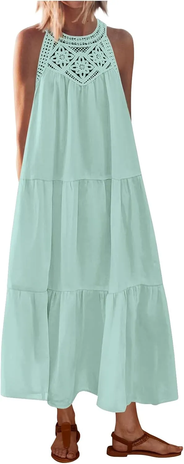 Linen Dress Women Summer Sleeveless Long Maxi Dresses Floral Lace Crochet Cute Sundresses Flowy Boho Beach Outfits