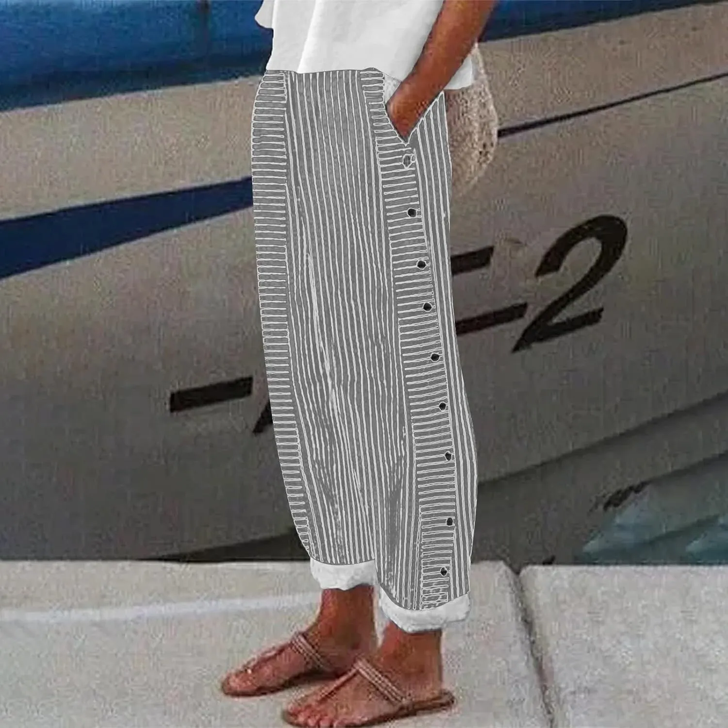 Linen Pants for Women 2025 Plus Size Trendy Striped Summer Gauze Pants Casual Elastic Waist Comfy Trousers