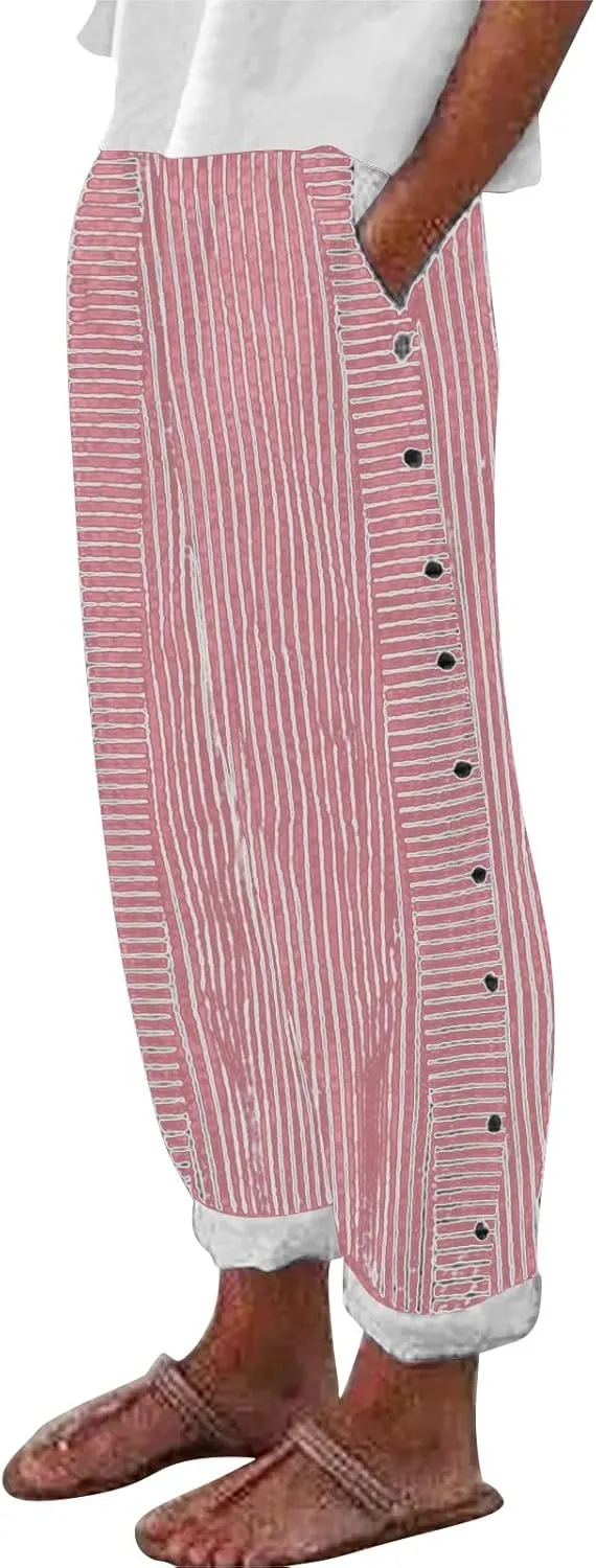 Linen Pants for Women 2025 Plus Size Trendy Striped Summer Gauze Pants Casual Elastic Waist Comfy Trousers