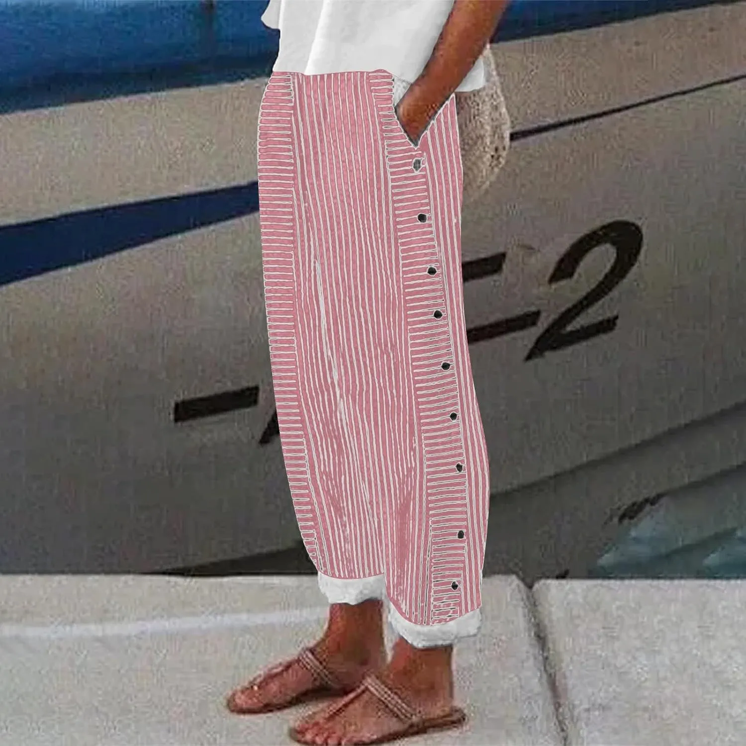 Linen Pants for Women 2025 Plus Size Trendy Striped Summer Gauze Pants Casual Elastic Waist Comfy Trousers