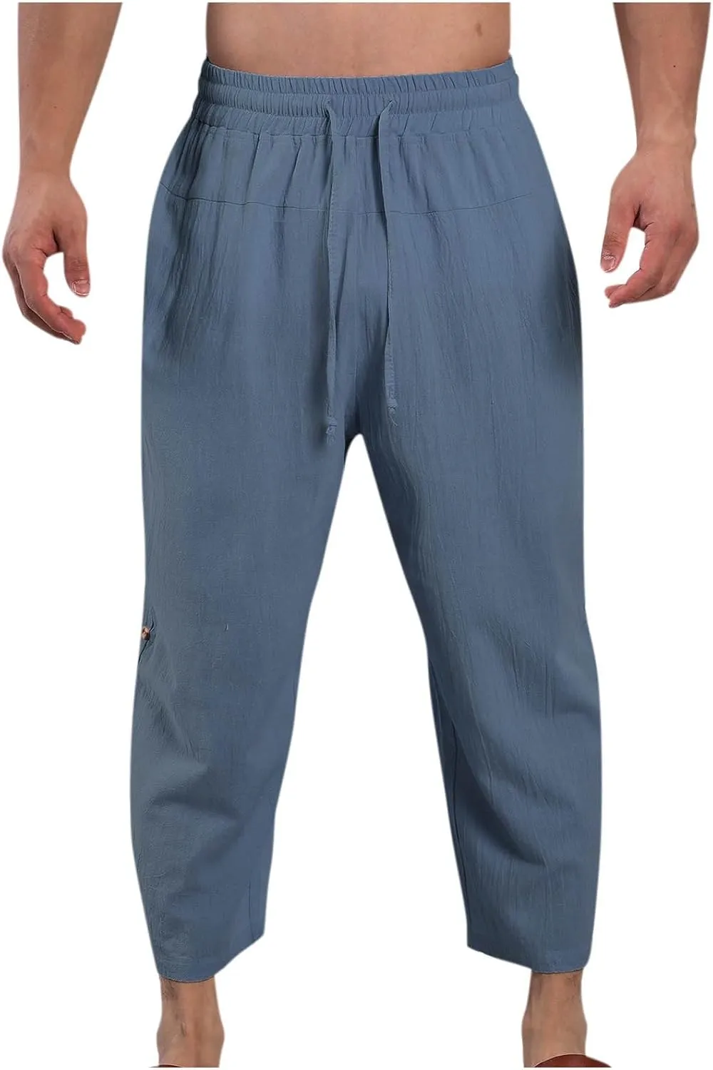 Linen Pants Mens Casual Pants Drawstring Beach Trousers Relaxed-Fit Yoga Pants Soft Elastic Waist Pants