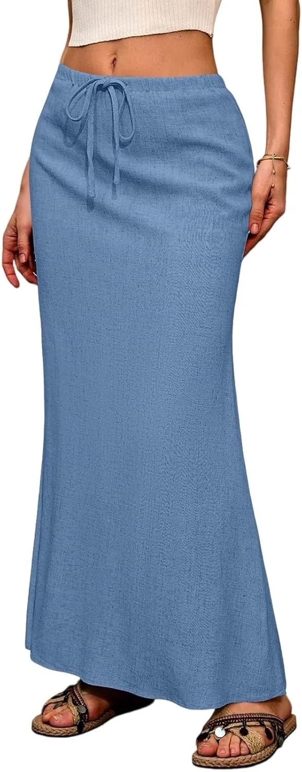 Linen Skirts for Women Trendy Summer Boho Maxi Skirts with Back Slit Casual Elastic Waist Drawstring Long Flowy Skirt