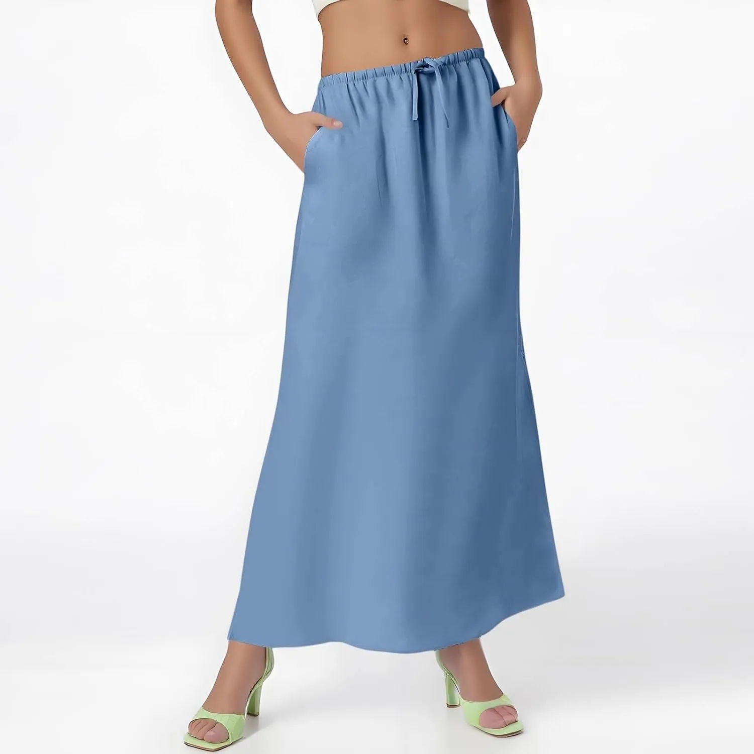 Linen Skirts for Women Trendy Summer Boho Maxi Skirts with Back Slit Casual Elastic Waist Drawstring Long Flowy Skirt