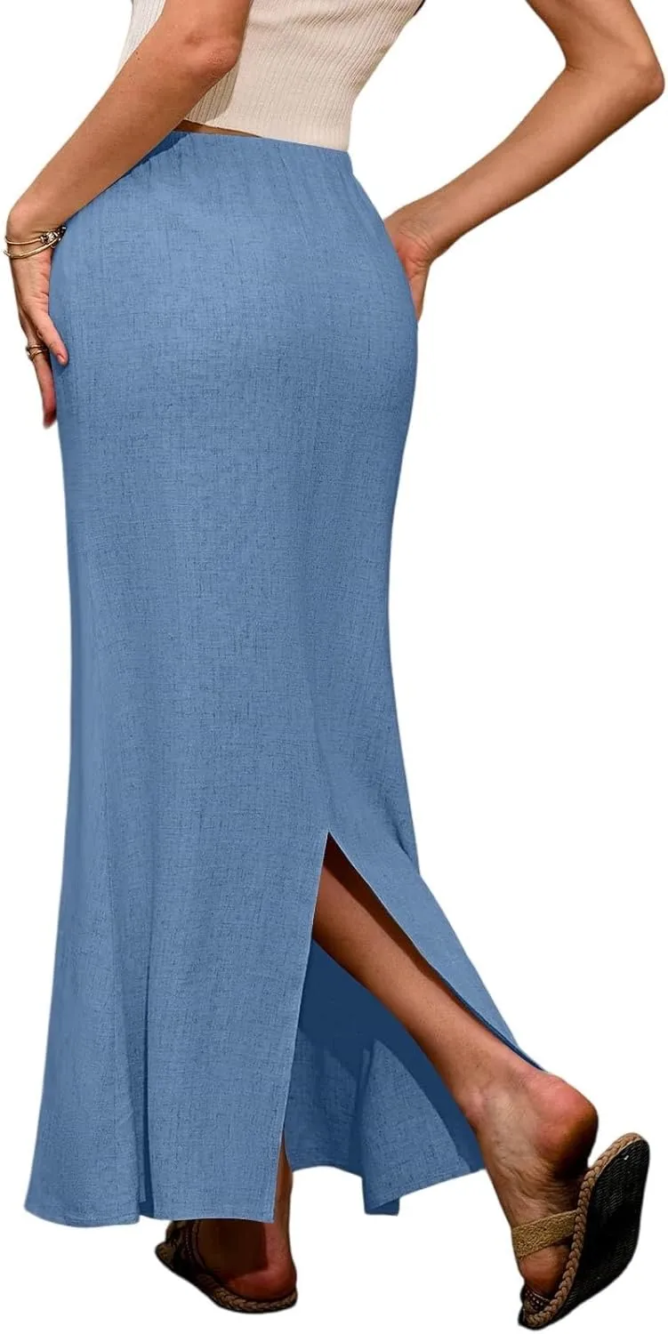 Linen Skirts for Women Trendy Summer Boho Maxi Skirts with Back Slit Casual Elastic Waist Drawstring Long Flowy Skirt
