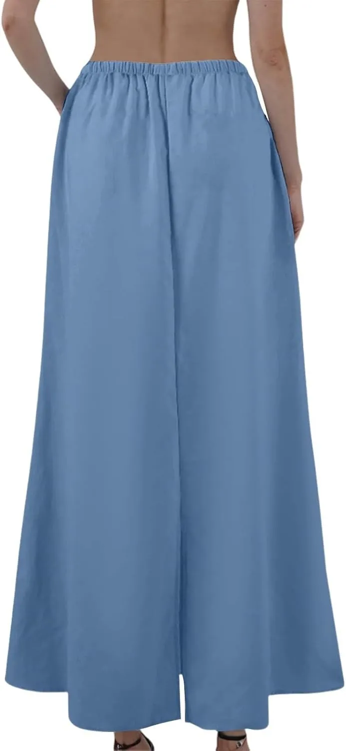 Linen Skirts for Women Trendy Summer Boho Maxi Skirts with Back Slit Casual Elastic Waist Drawstring Long Flowy Skirt