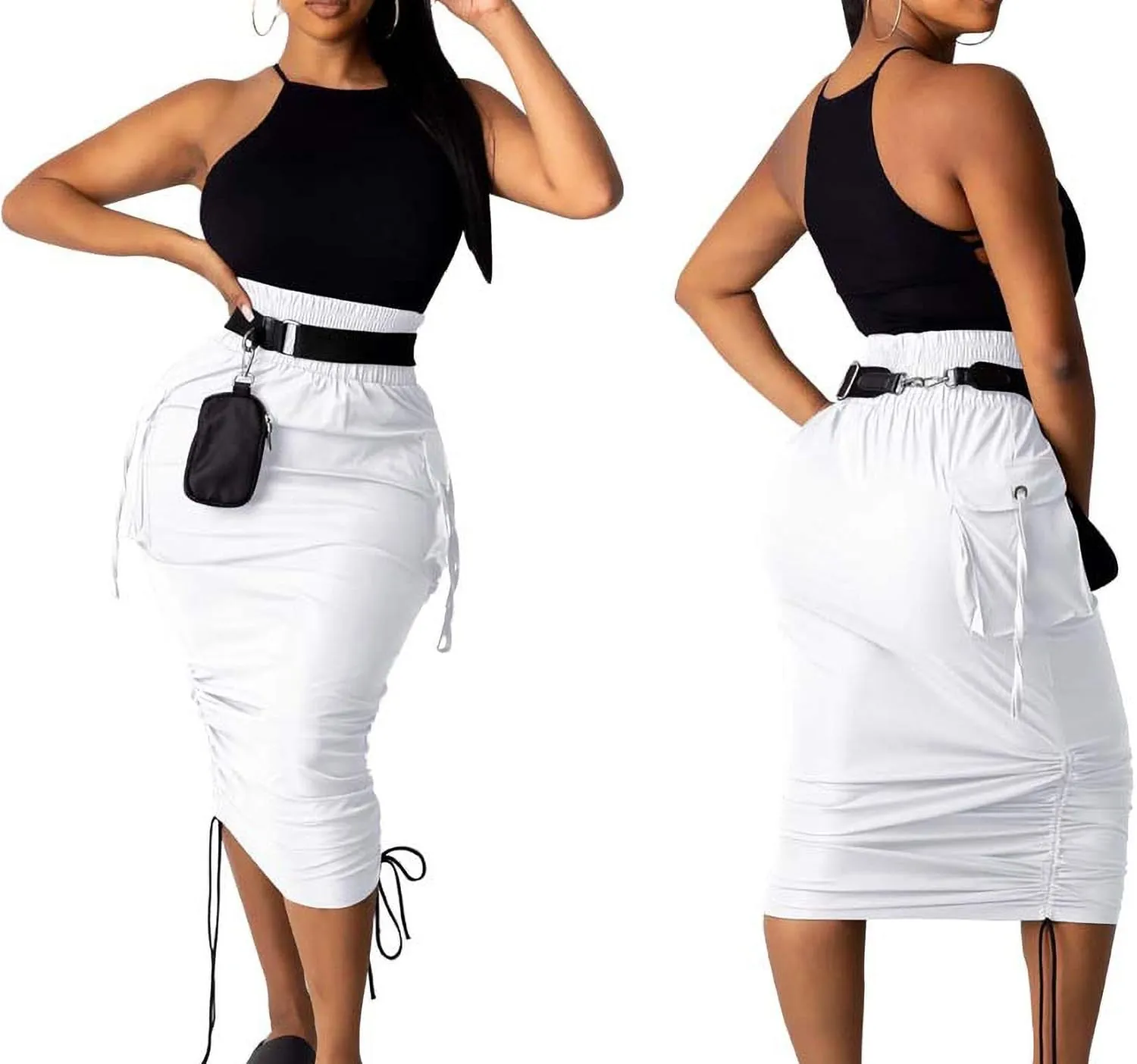 LKOUS Leather Skirts for Women PU Pearl Ruffle Asymmetrical Hem Knee Length Black Skirt Plus Size