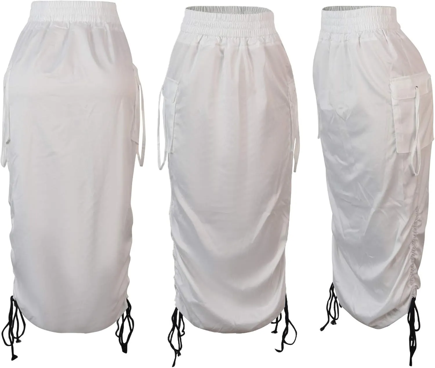 LKOUS Leather Skirts for Women PU Pearl Ruffle Asymmetrical Hem Knee Length Black Skirt Plus Size