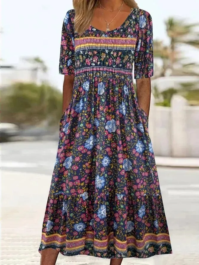 LOAIHA Women's Bohemian Floral Printed Maxi Dress Colorful Summer Casual Loose Flowy Dresses with Pockets