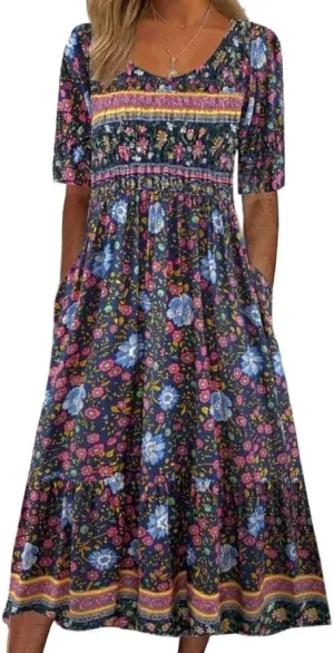 LOAIHA Women's Bohemian Floral Printed Maxi Dress Colorful Summer Casual Loose Flowy Dresses with Pockets
