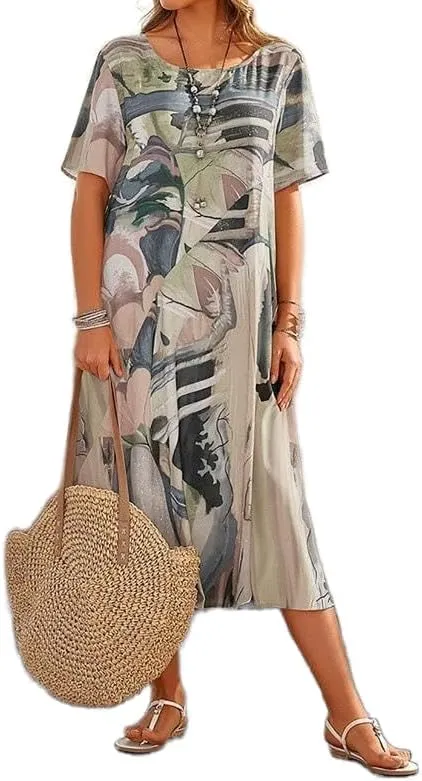 LOAIHA Women's Boho Floral Loose Midi Tshirt Dress Casual Baggy Summer Short Sleeve Beach Vacation Dresses Plus Size