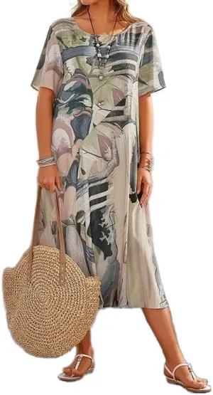 LOAIHA Women's Boho Floral Loose Midi Tshirt Dress Casual Baggy Summer Short Sleeve Beach Vacation Dresses Plus Size