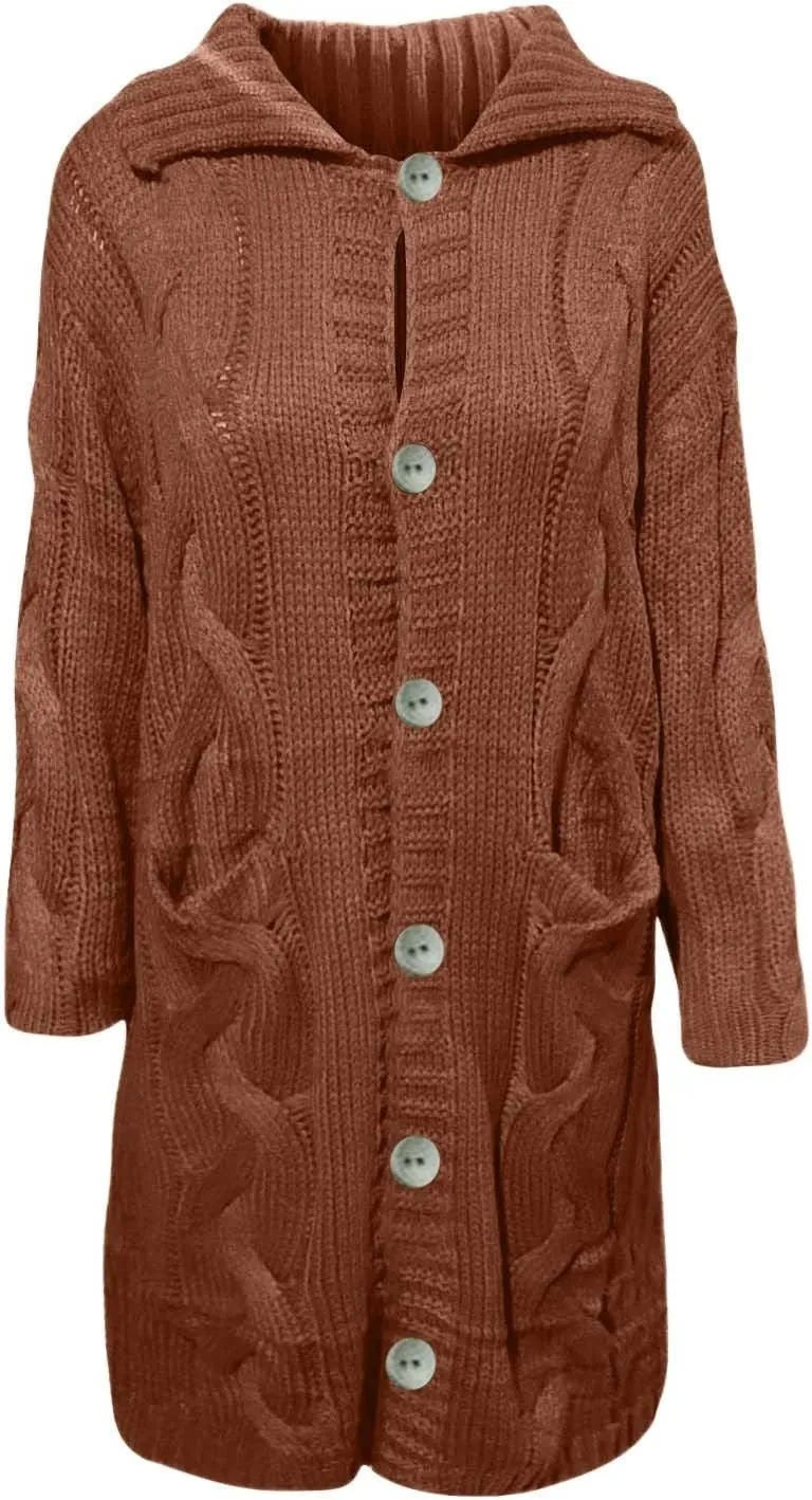 Long Cardigan for Women Long Sleeve Cable Knit Button Up Loose Plain Winter Hooded Trench Coat with Pocket Warm Overcoat