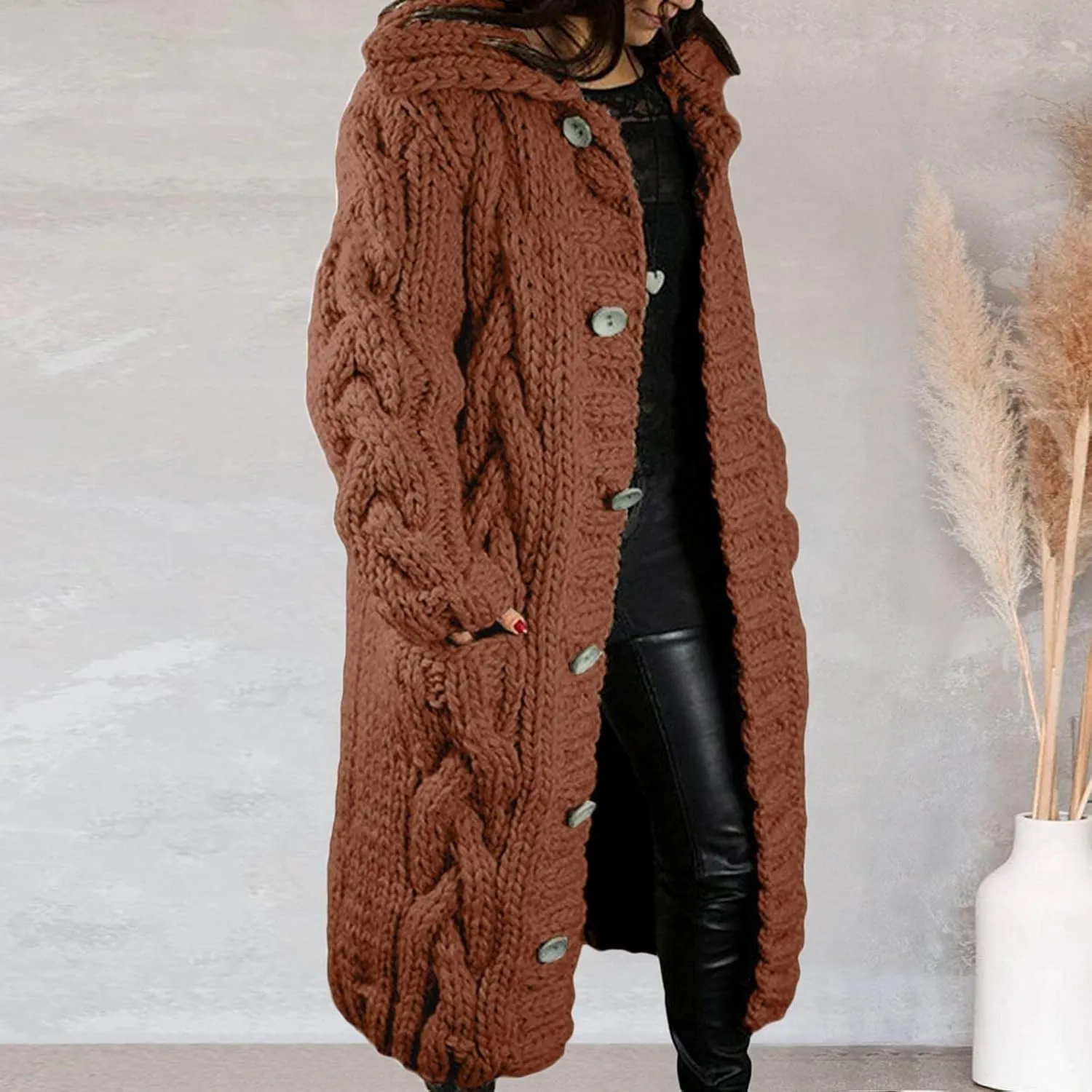 Long Cardigan for Women Long Sleeve Cable Knit Button Up Loose Plain Winter Hooded Trench Coat with Pocket Warm Overcoat