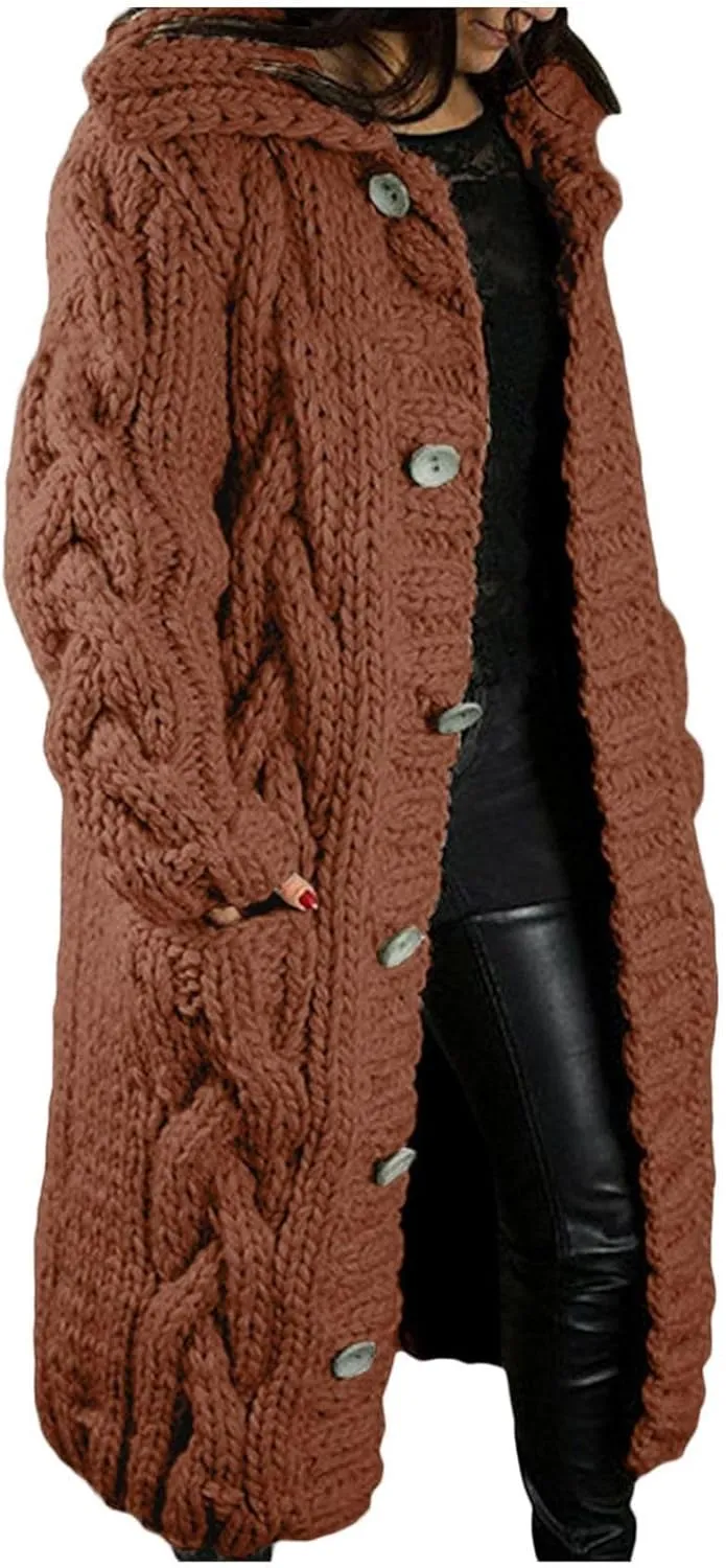 Long Cardigan for Women Long Sleeve Cable Knit Button Up Loose Plain Winter Hooded Trench Coat with Pocket Warm Overcoat