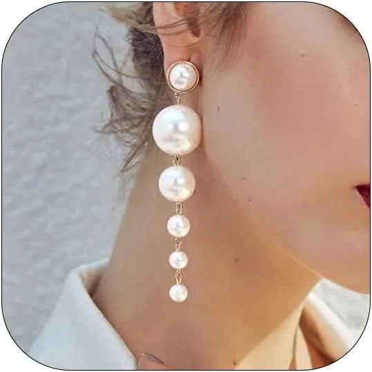 Long Pearl Drop Dangle Earrings for Women - Hoop Stud Boho Chandelier Chain Earrings for Bridal Jewelry