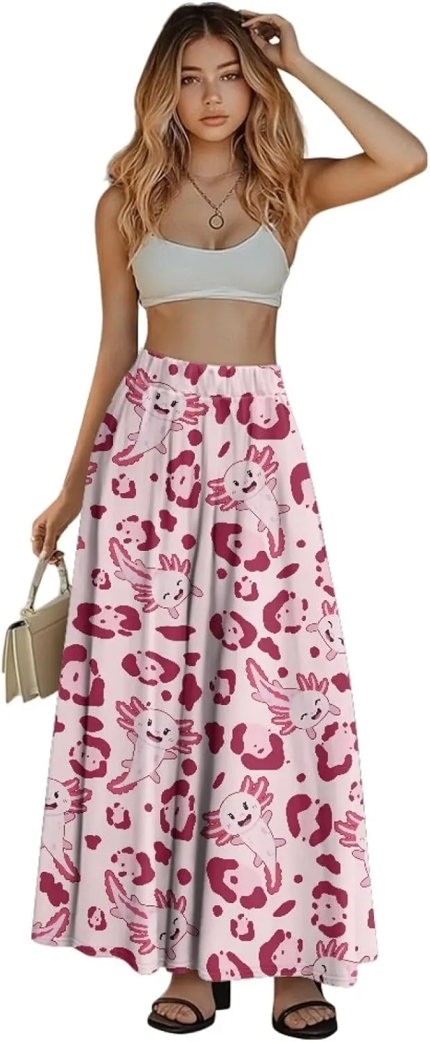 Long Skirts for Womens Casual Trendy Swing Skirts Elegant Floral Midi Skirts Elasticized Waistband Long Maxi Skirt