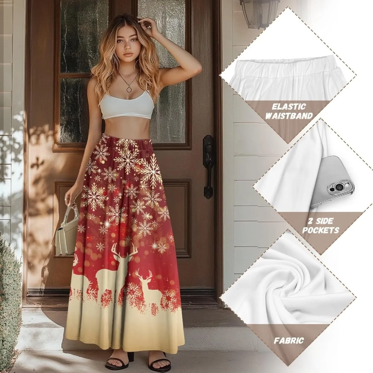 Long Skirts for Womens Casual Trendy Swing Skirts Elegant Floral Midi Skirts Elasticized Waistband Long Maxi Skirt