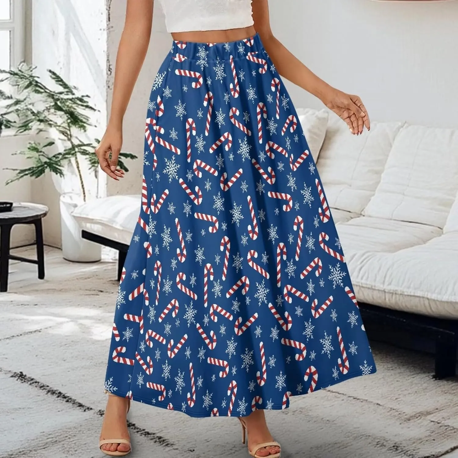 Long Skirts for Womens Casual Trendy Swing Skirts Elegant Floral Midi Skirts Elasticized Waistband Long Maxi Skirt