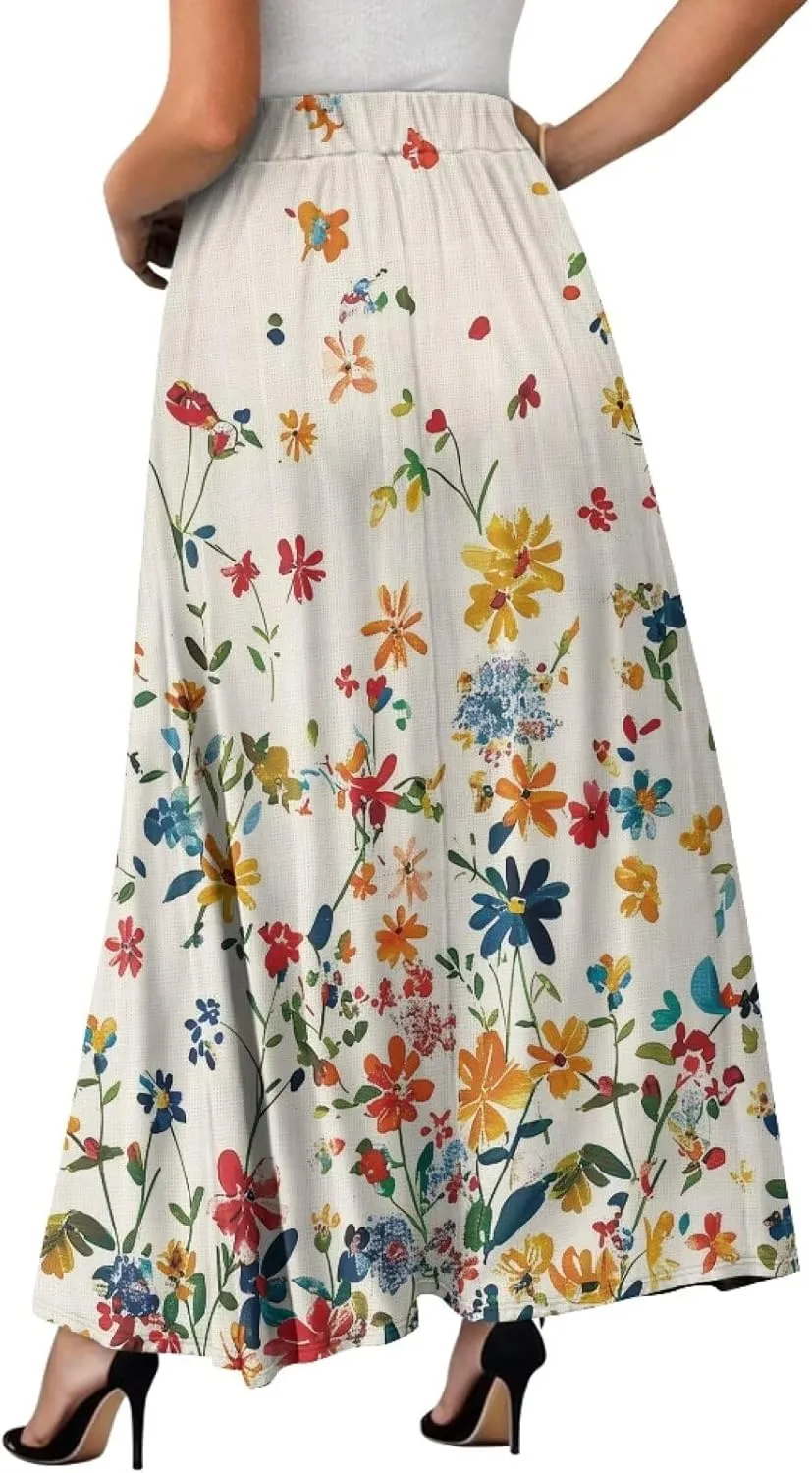 Long Skirts for Womens Casual Trendy Swing Skirts Elegant Floral Midi Skirts Elasticized Waistband Long Maxi Skirt