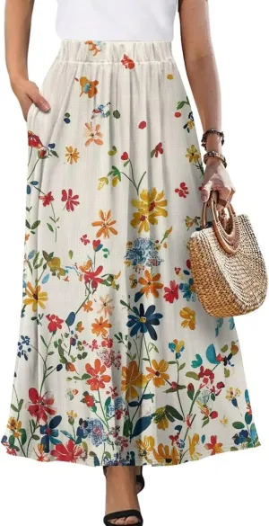 Long Skirts for Womens Casual Trendy Swing Skirts Elegant Floral Midi Skirts Elasticized Waistband Long Maxi Skirt