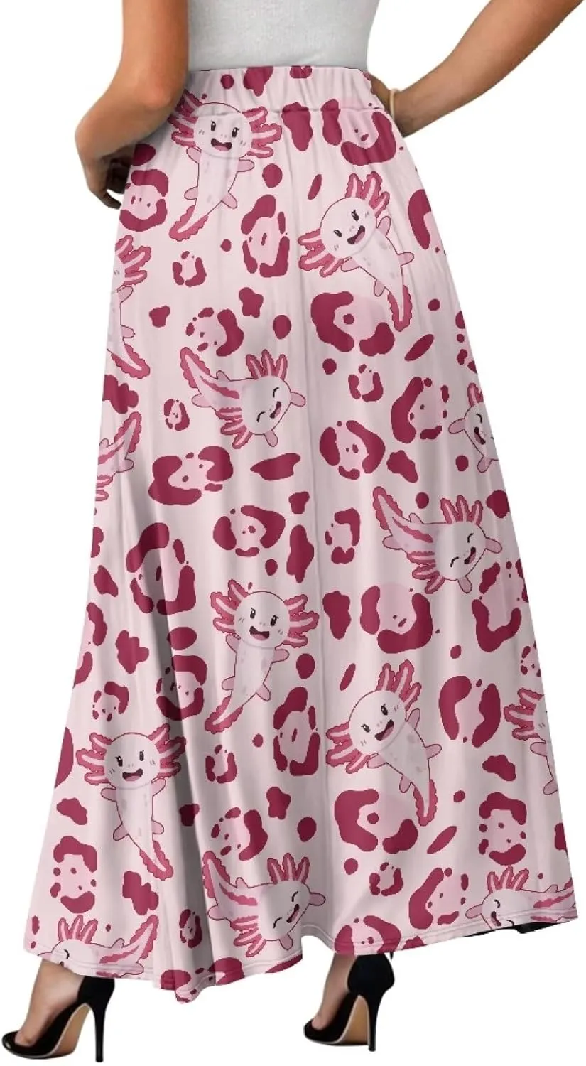 Long Skirts for Womens Casual Trendy Swing Skirts Elegant Floral Midi Skirts Elasticized Waistband Long Maxi Skirt