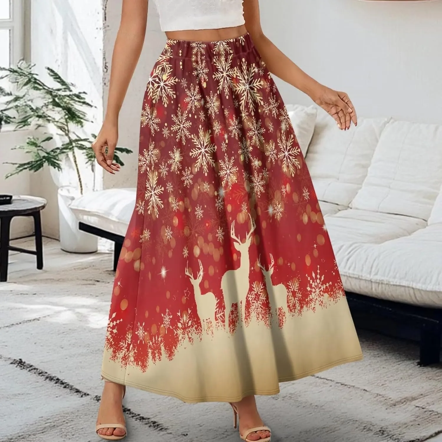 Long Skirts for Womens Casual Trendy Swing Skirts Elegant Floral Midi Skirts Elasticized Waistband Long Maxi Skirt