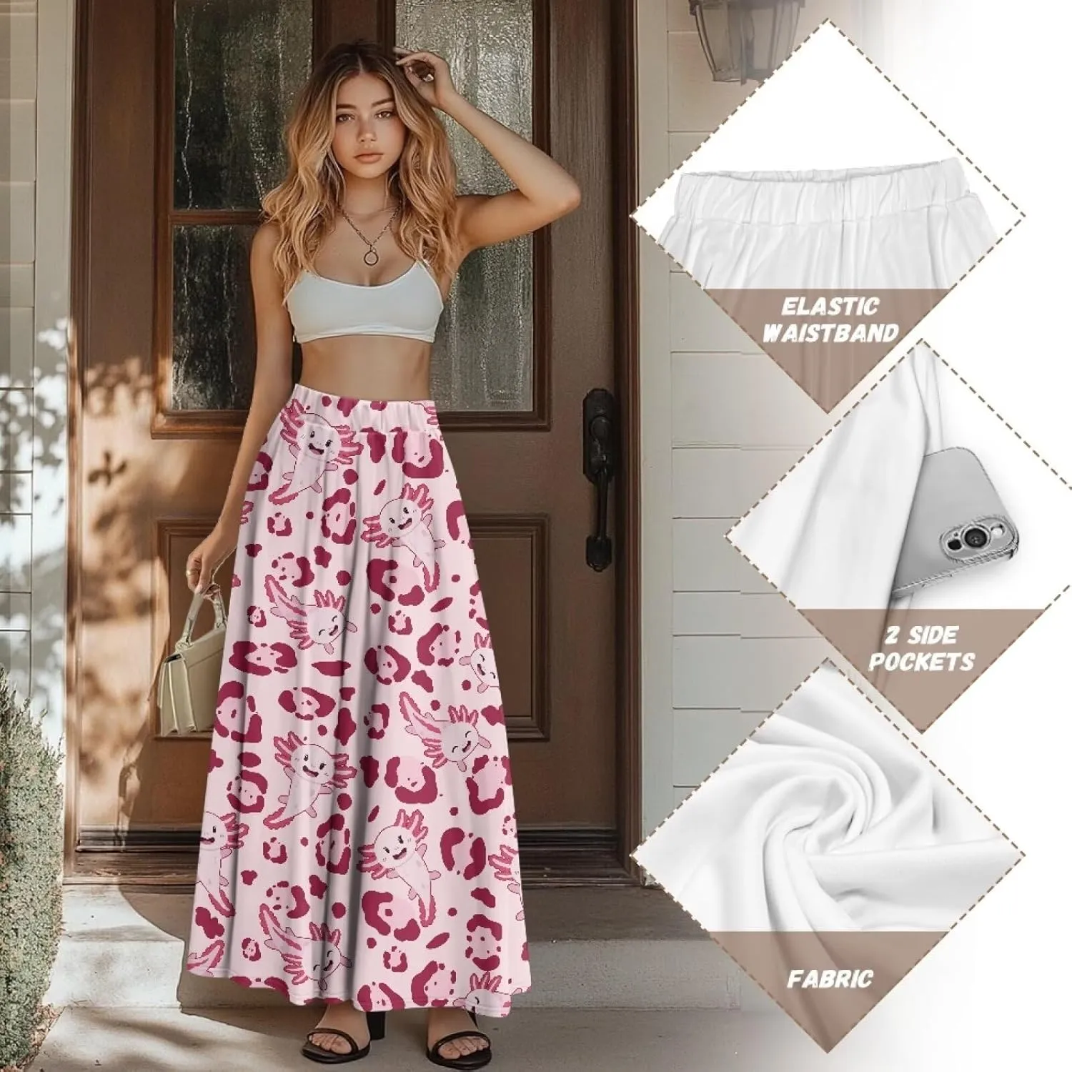 Long Skirts for Womens Casual Trendy Swing Skirts Elegant Floral Midi Skirts Elasticized Waistband Long Maxi Skirt