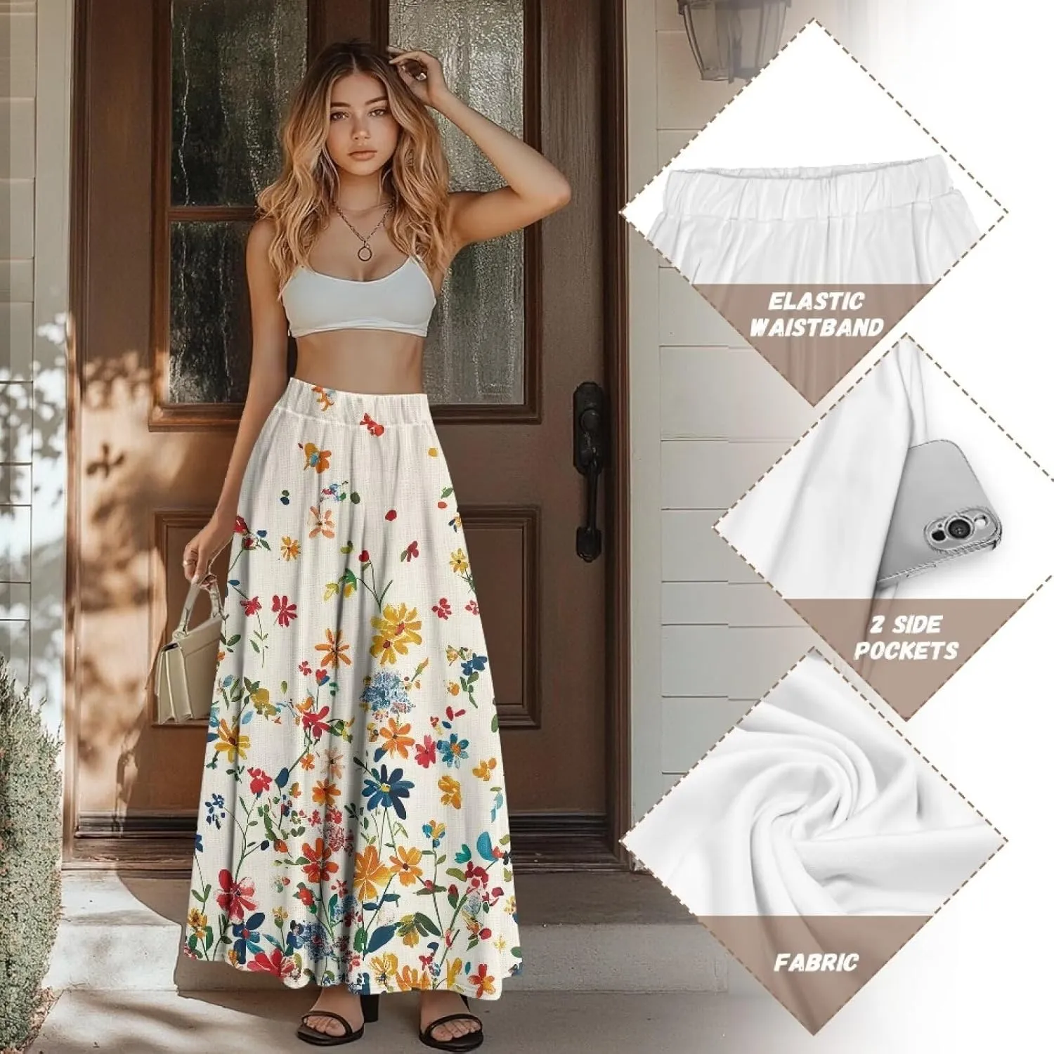 Long Skirts for Womens Casual Trendy Swing Skirts Elegant Floral Midi Skirts Elasticized Waistband Long Maxi Skirt