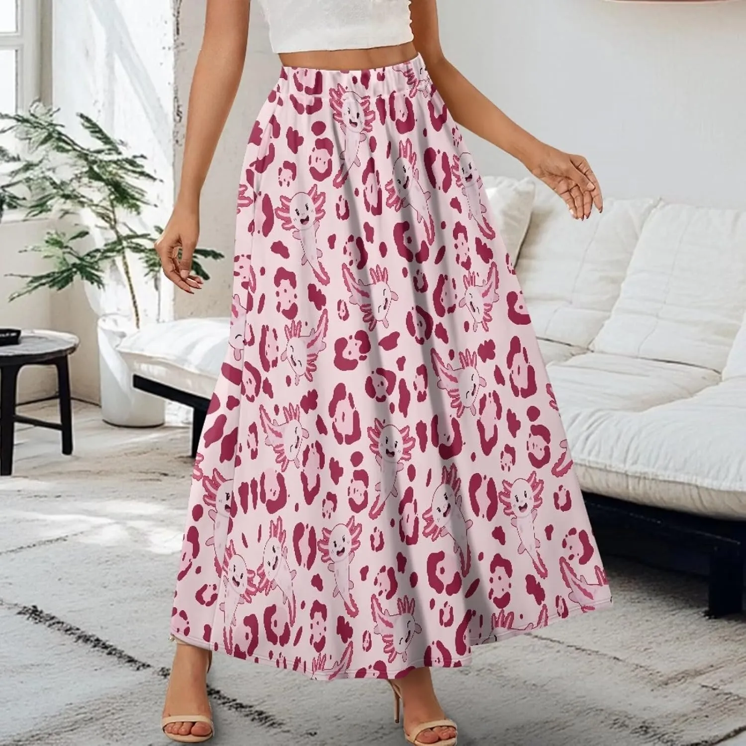 Long Skirts for Womens Casual Trendy Swing Skirts Elegant Floral Midi Skirts Elasticized Waistband Long Maxi Skirt