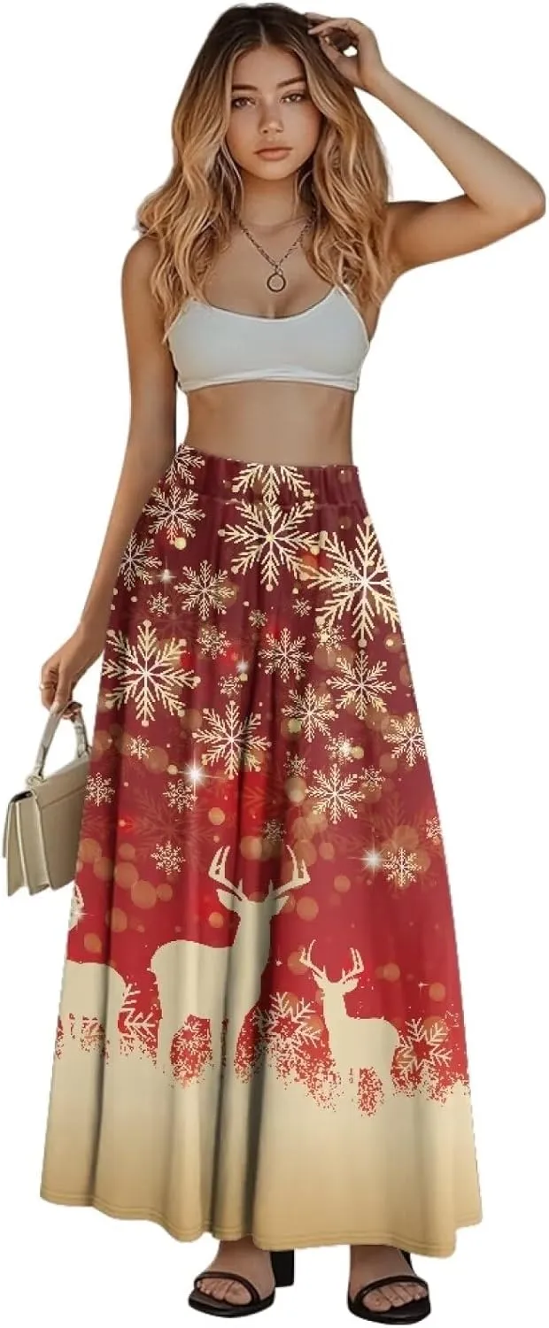 Long Skirts for Womens Casual Trendy Swing Skirts Elegant Floral Midi Skirts Elasticized Waistband Long Maxi Skirt
